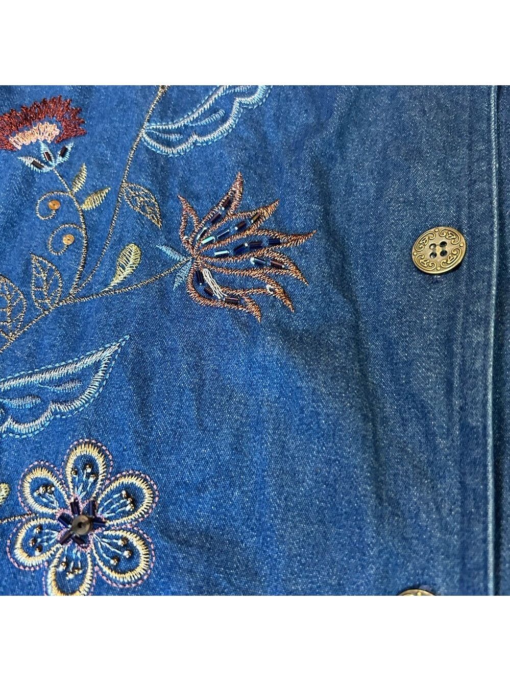 Alfred Dunner Chambray Denim Jacket 16W Blue Floral Embroidered Hippie Cottage - Picture 6 of 15